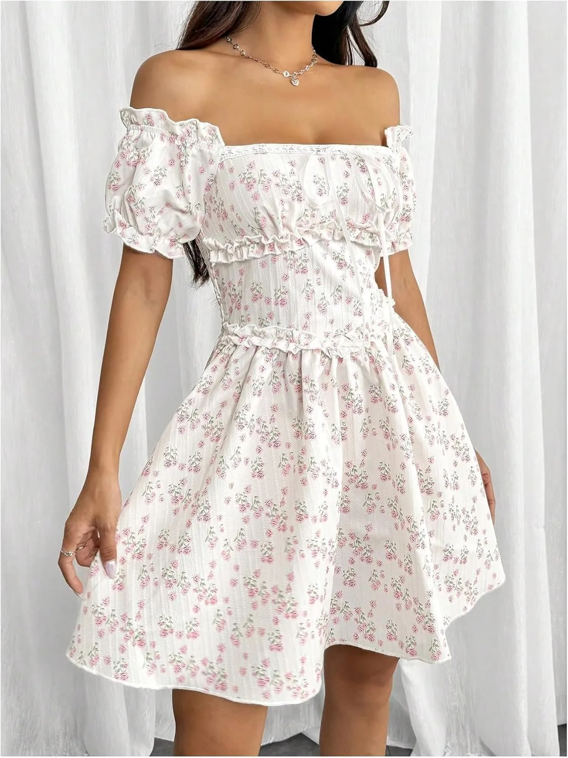 Floerns Women's Boho Floral Print Off Shoulder Tie Front Ruffle Puff Sleeve Short Dress