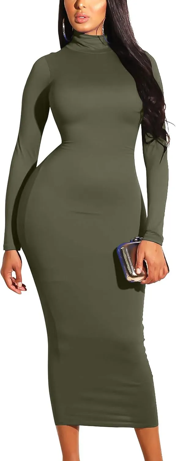 GOBLES Women's Sexy Turtleneck Long Sleeve Elegant Bodycon Party Long Dress