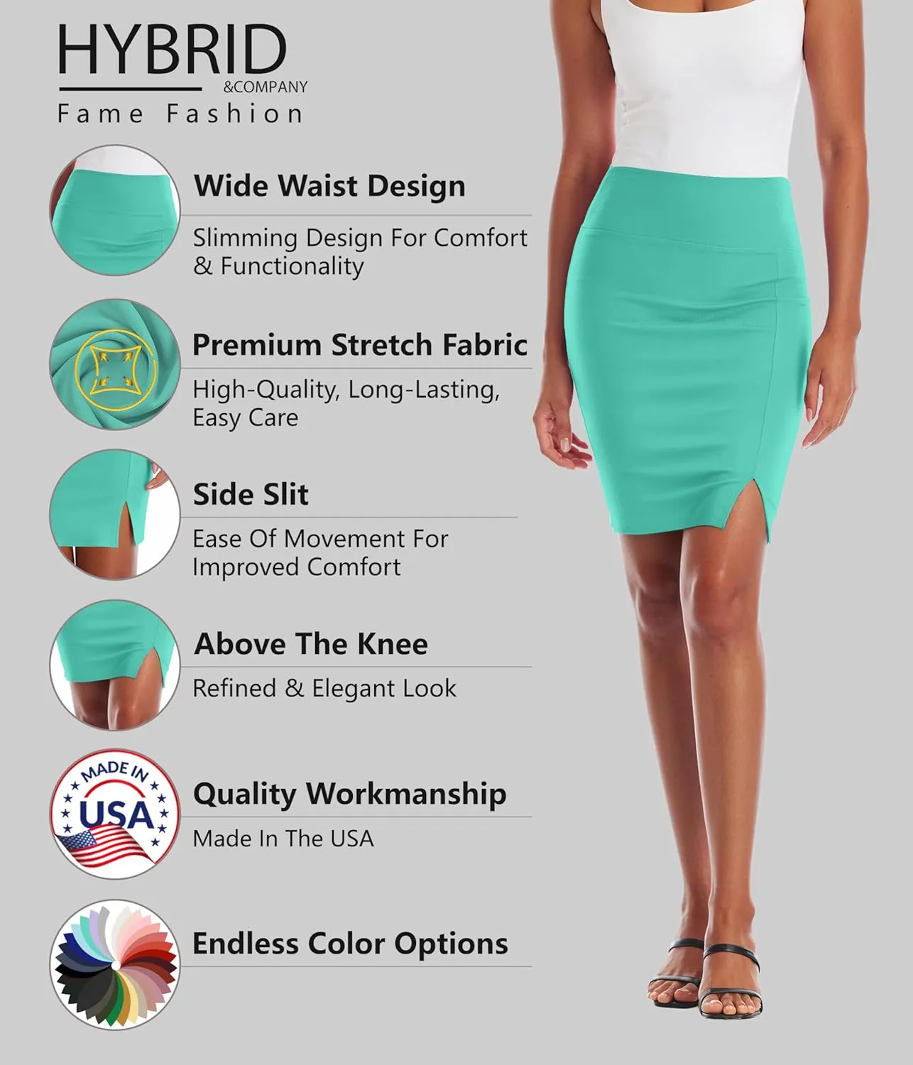 Hybrid & Company Women's Pencil Skirt Premium Ponte Basic Solid Stretch Above Knee Side Slit