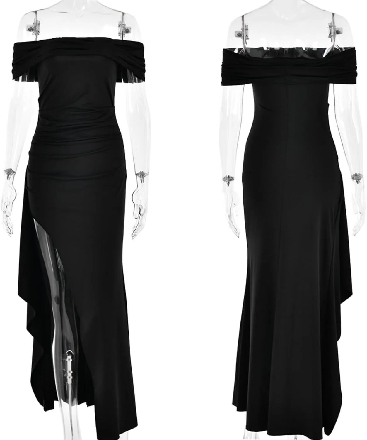 JUMISEE Women's Elegant Off The Shoulder Maxi Dress Sexy High Slit Ruched Bodycon Long Dress Formal Evening Dress