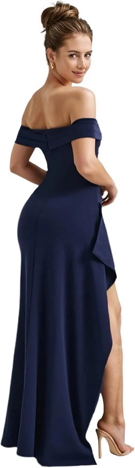JUMISEE Women's Elegant Off The Shoulder Maxi Dress Sexy High Slit Ruched Bodycon Long Dress Formal Evening Dress