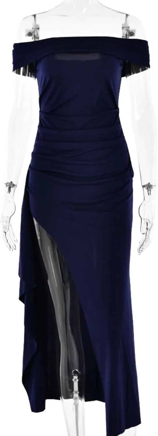 JUMISEE Women's Elegant Off The Shoulder Maxi Dress Sexy High Slit Ruched Bodycon Long Dress Formal Evening Dress