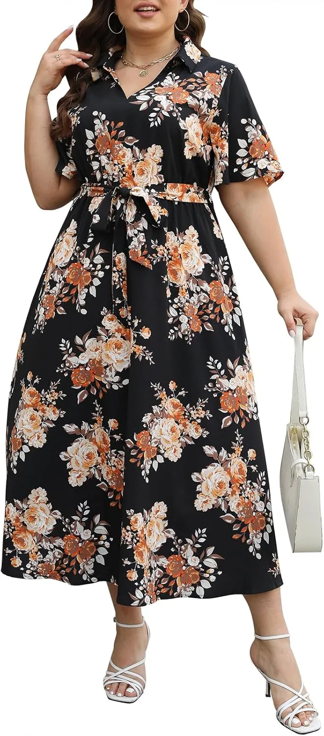 Keluummi Plus Size Wedding Guest Maxi Dresses for Curvy Women, Summer Casual Floral 3/4 Sleeve Party Wrap Dress with Pockets