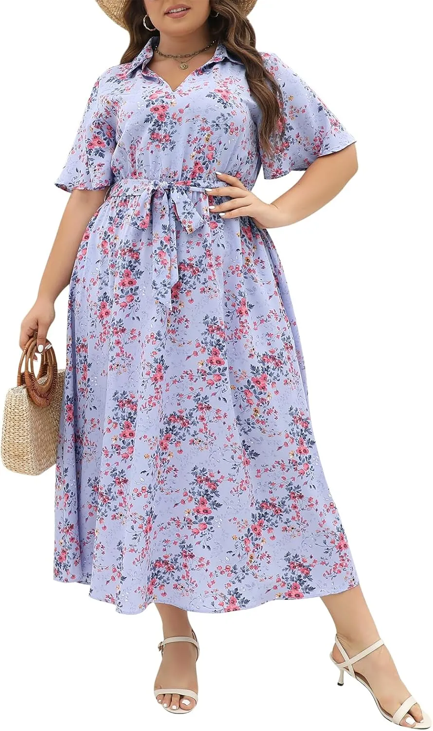 Keluummi Plus Size Wedding Guest Maxi Dresses for Curvy Women, Summer Casual Floral 3/4 Sleeve Party Wrap Dress with Pockets