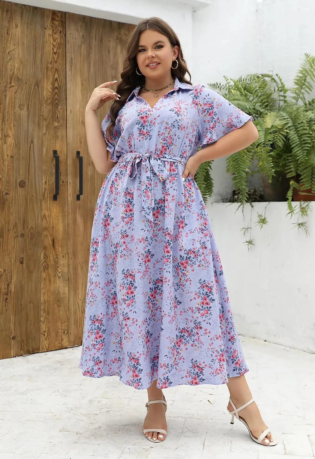 Keluummi Plus Size Wedding Guest Maxi Dresses for Curvy Women, Summer Casual Floral 3/4 Sleeve Party Wrap Dress with Pockets