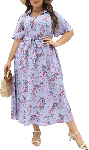 Keluummi Plus Size Wedding Guest Maxi Dresses for Curvy Women, Summer Casual Floral 3/4 Sleeve Party Wrap Dress with Pockets