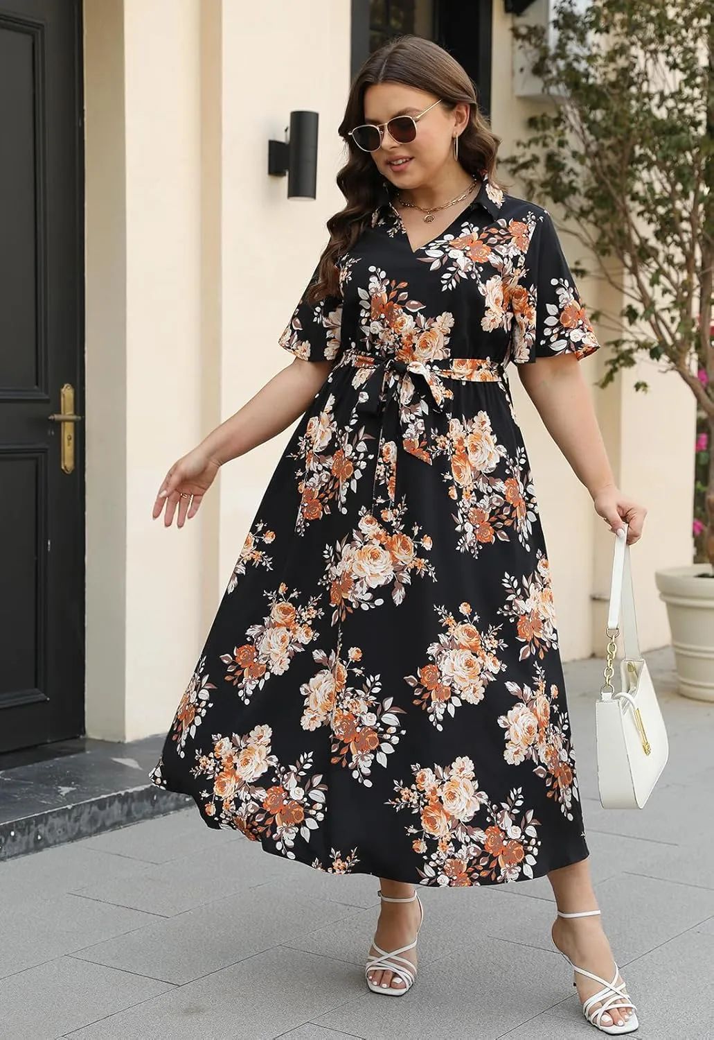 Keluummi Plus Size Wedding Guest Maxi Dresses for Curvy Women, Summer Casual Floral 3/4 Sleeve Party Wrap Dress with Pockets