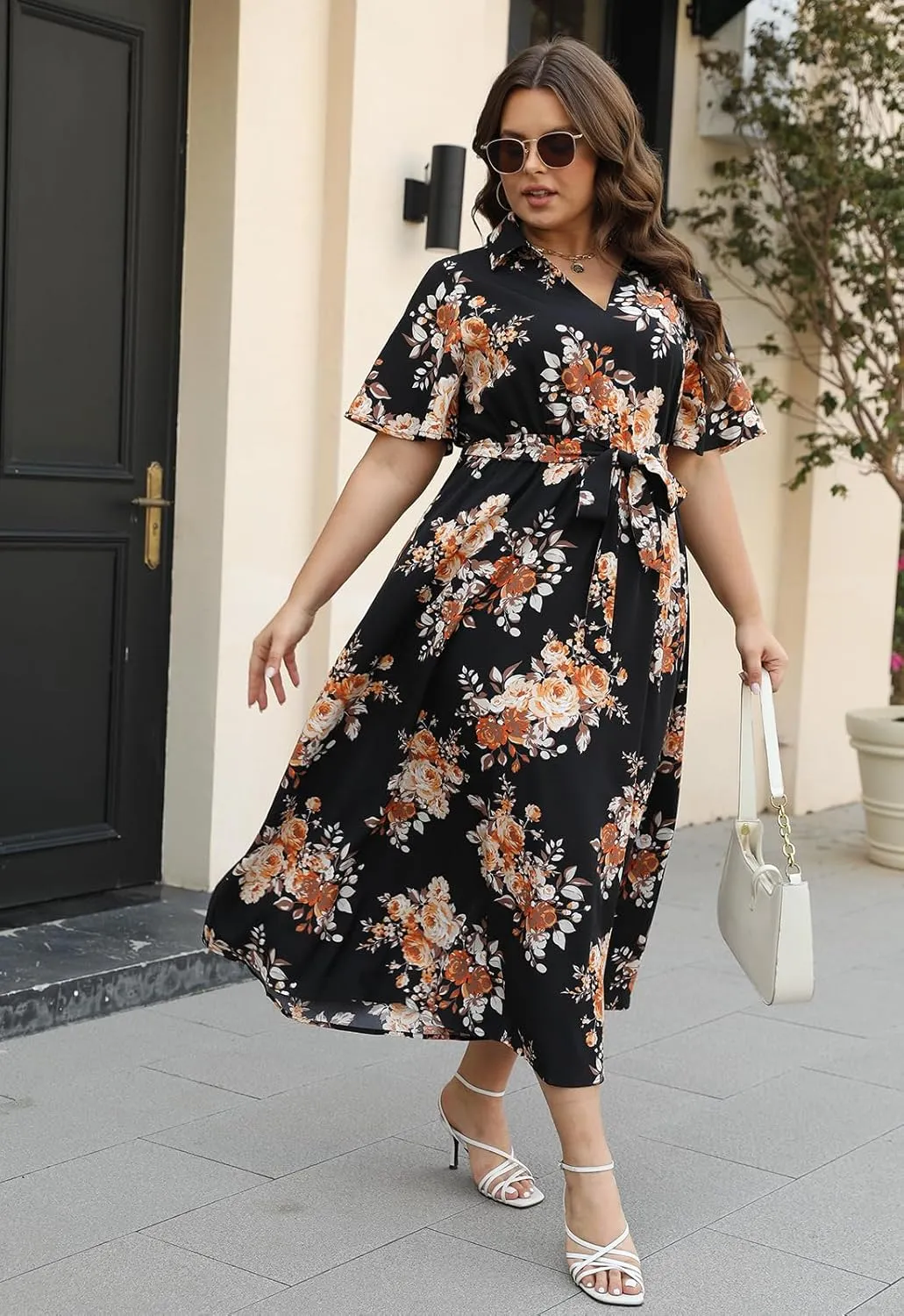Keluummi Plus Size Wedding Guest Maxi Dresses for Curvy Women, Summer Casual Floral 3/4 Sleeve Party Wrap Dress with Pockets