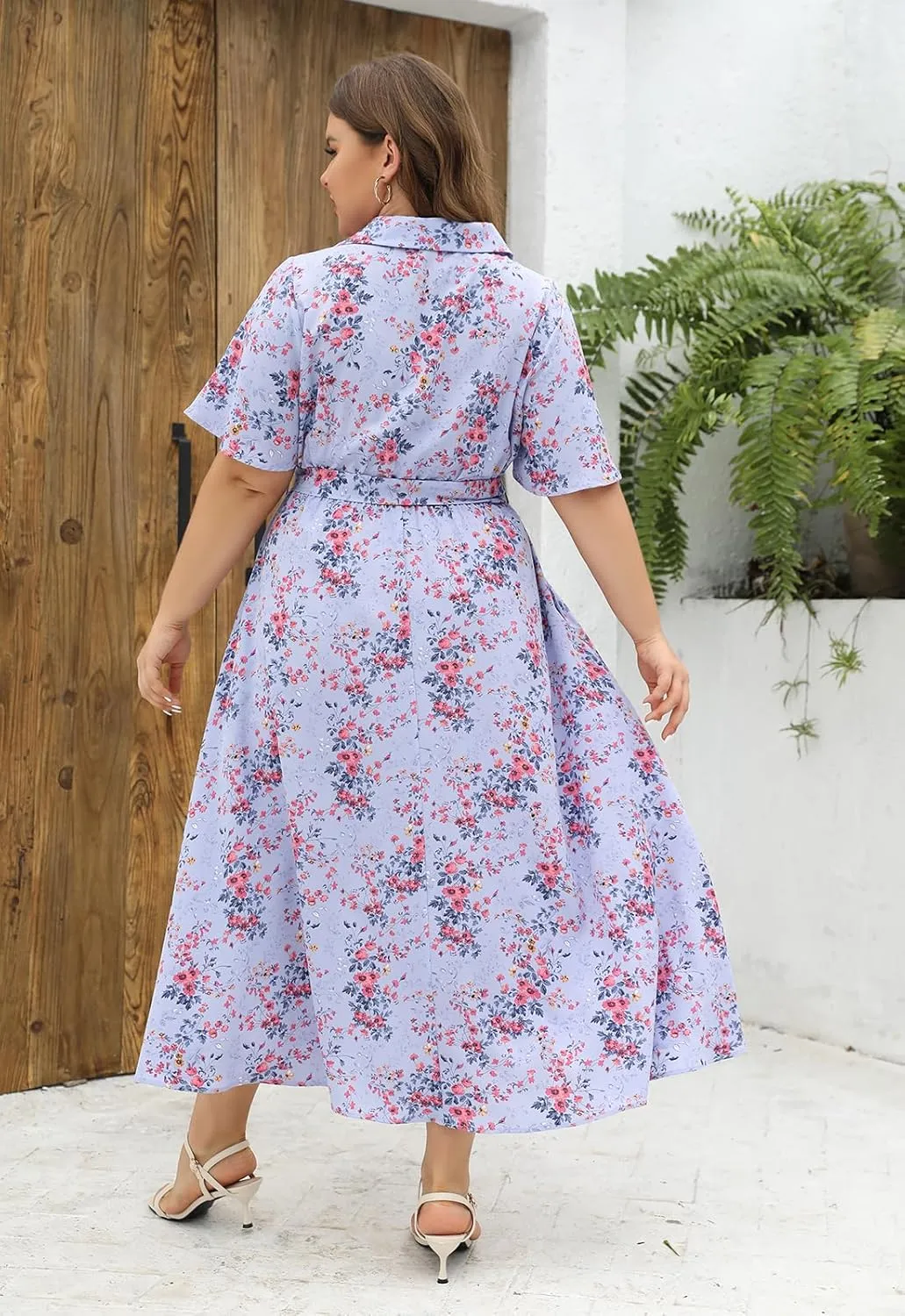 Keluummi Plus Size Wedding Guest Maxi Dresses for Curvy Women, Summer Casual Floral 3/4 Sleeve Party Wrap Dress with Pockets