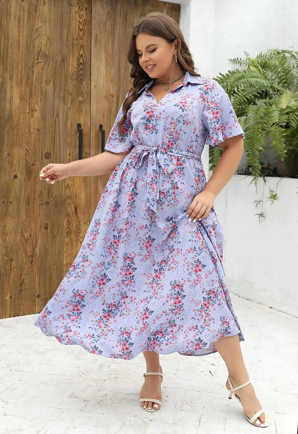 Keluummi Plus Size Wedding Guest Maxi Dresses for Curvy Women, Summer Casual Floral 3/4 Sleeve Party Wrap Dress with Pockets