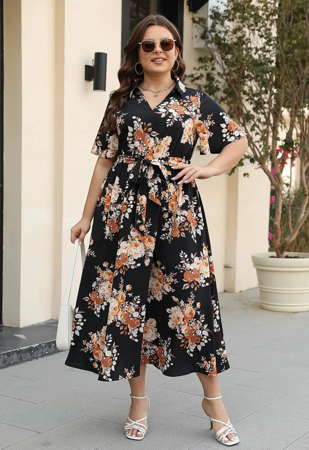 Keluummi Plus Size Wedding Guest Maxi Dresses for Curvy Women, Summer Casual Floral 3/4 Sleeve Party Wrap Dress with Pockets