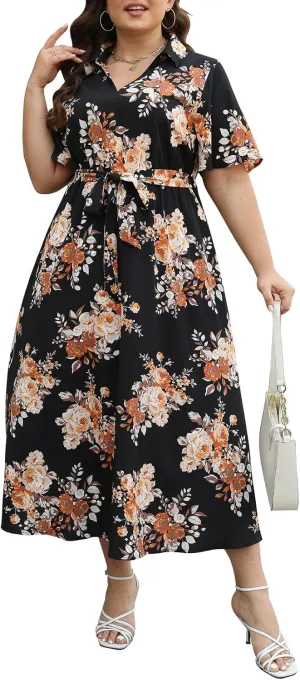 Keluummi Plus Size Wedding Guest Maxi Dresses for Curvy Women, Summer Casual Floral 3/4 Sleeve Party Wrap Dress with Pockets