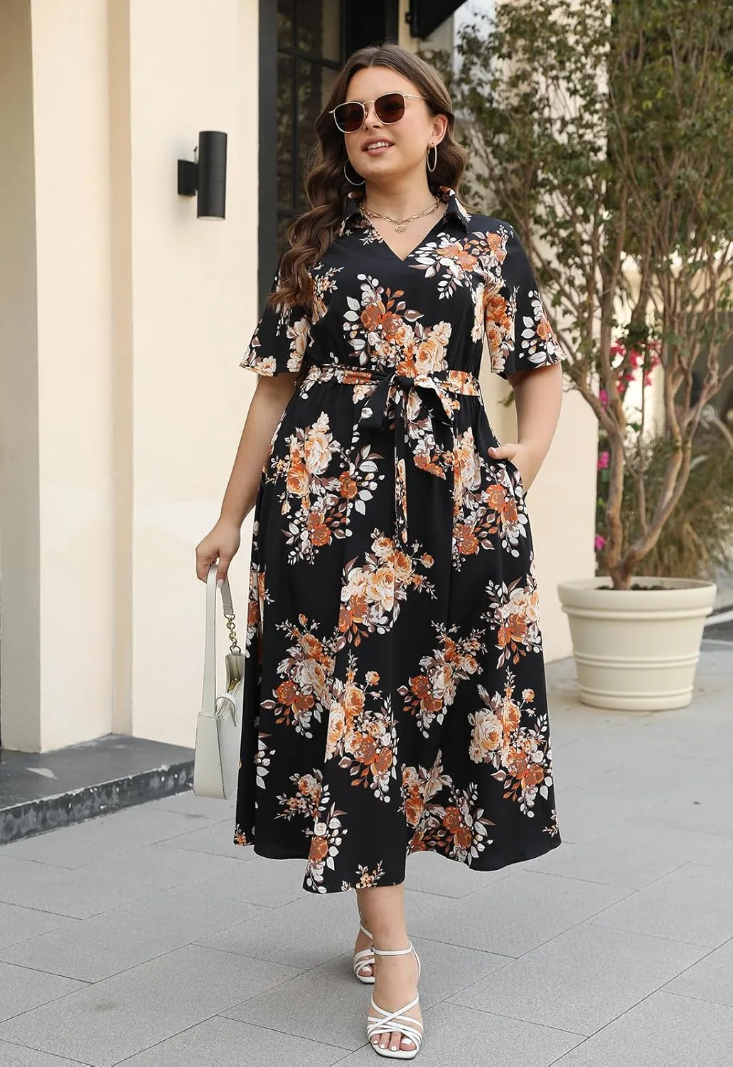 Keluummi Plus Size Wedding Guest Maxi Dresses for Curvy Women, Summer Casual Floral 3/4 Sleeve Party Wrap Dress with Pockets