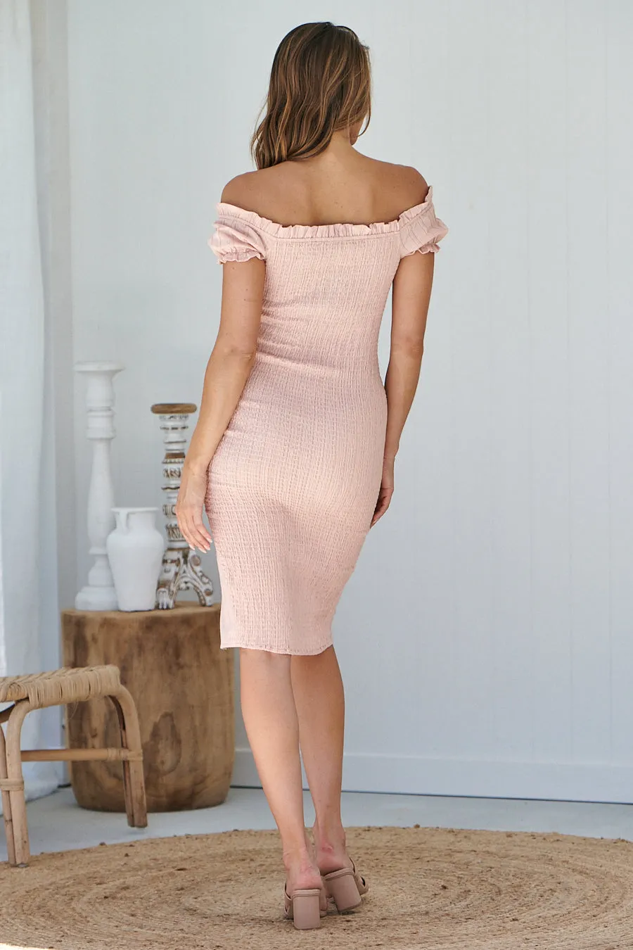 Kiara Shirred Peach Off shoulder Dress