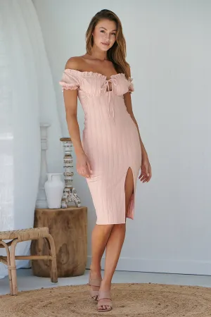 Kiara Shirred Peach Off shoulder Dress