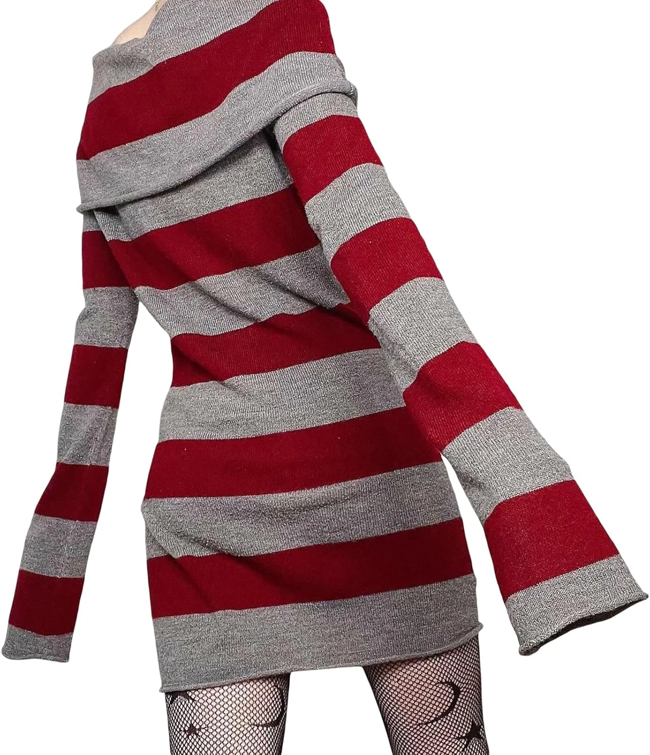 Kimydreama Women Sexy Long Sleeve Bodycon Striped Mini Dress Off Shoulder Slash Neck Knitted Wrapped Short Sweater Dress