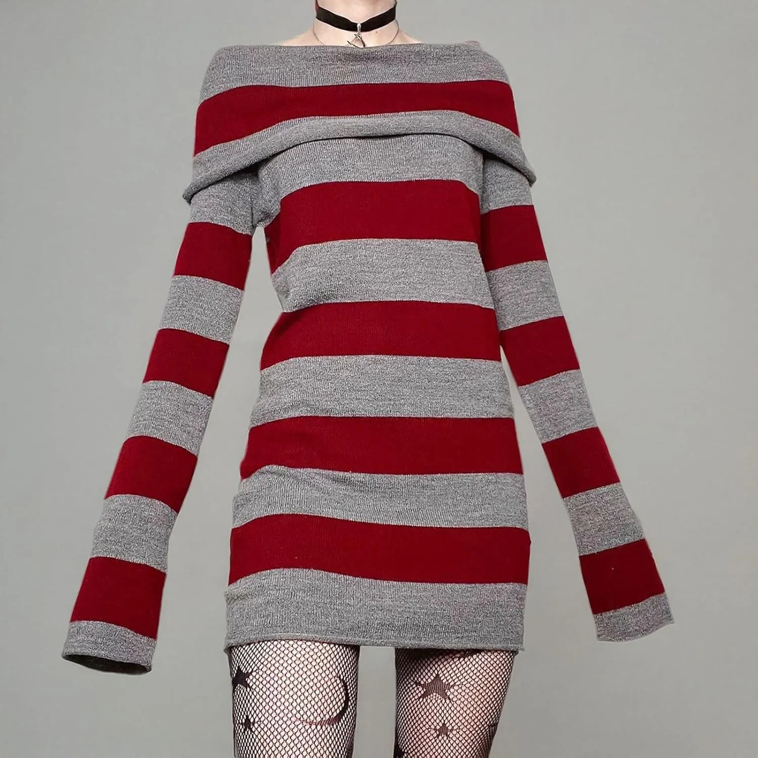 Kimydreama Women Sexy Long Sleeve Bodycon Striped Mini Dress Off Shoulder Slash Neck Knitted Wrapped Short Sweater Dress