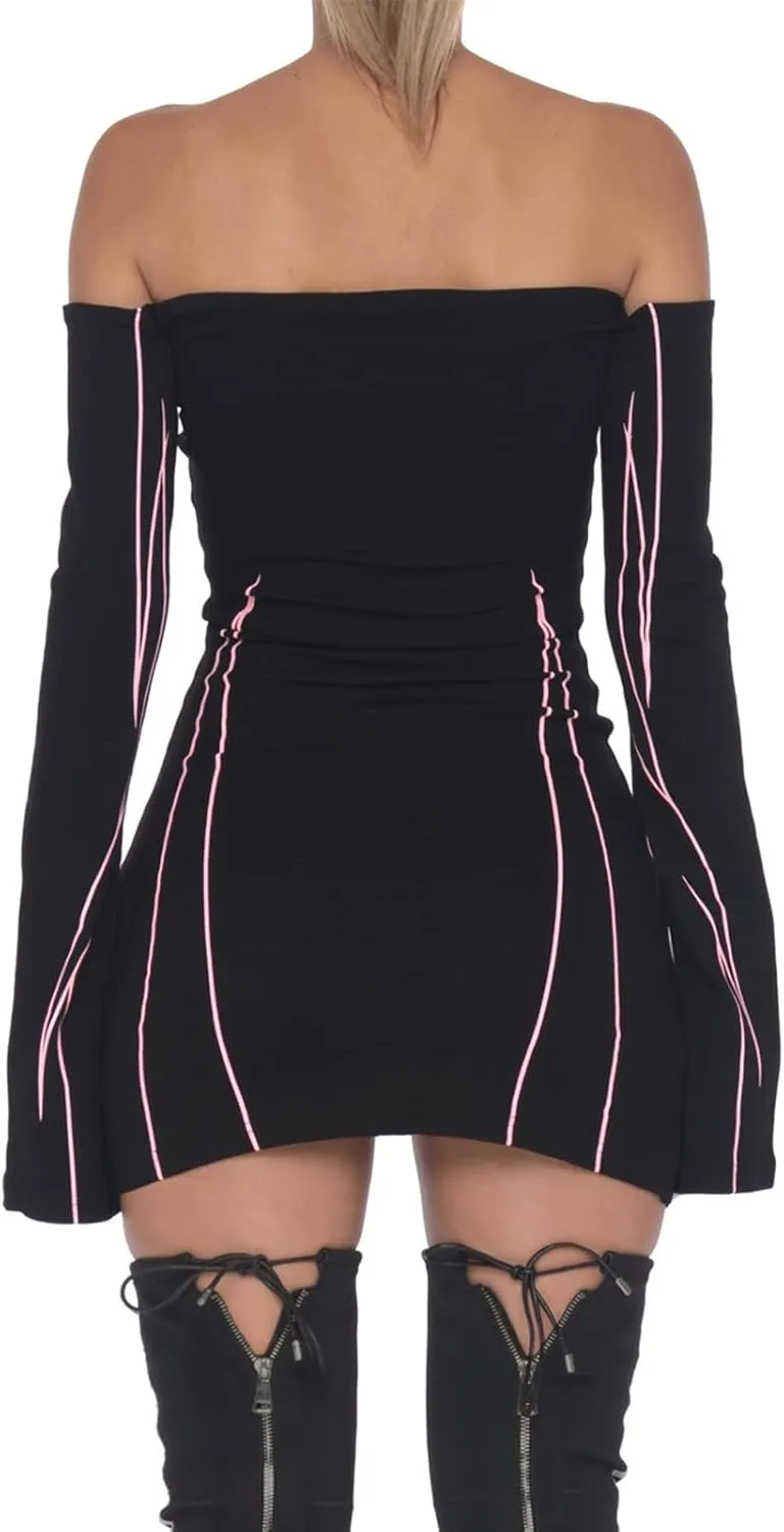 Kimydreama Women Sexy Long Sleeve Bodycon Striped Mini Dress Off Shoulder Slash Neck Knitted Wrapped Short Sweater Dress