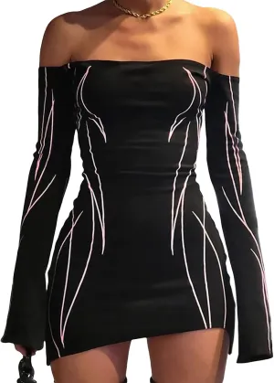 Kimydreama Women Sexy Long Sleeve Bodycon Striped Mini Dress Off Shoulder Slash Neck Knitted Wrapped Short Sweater Dress