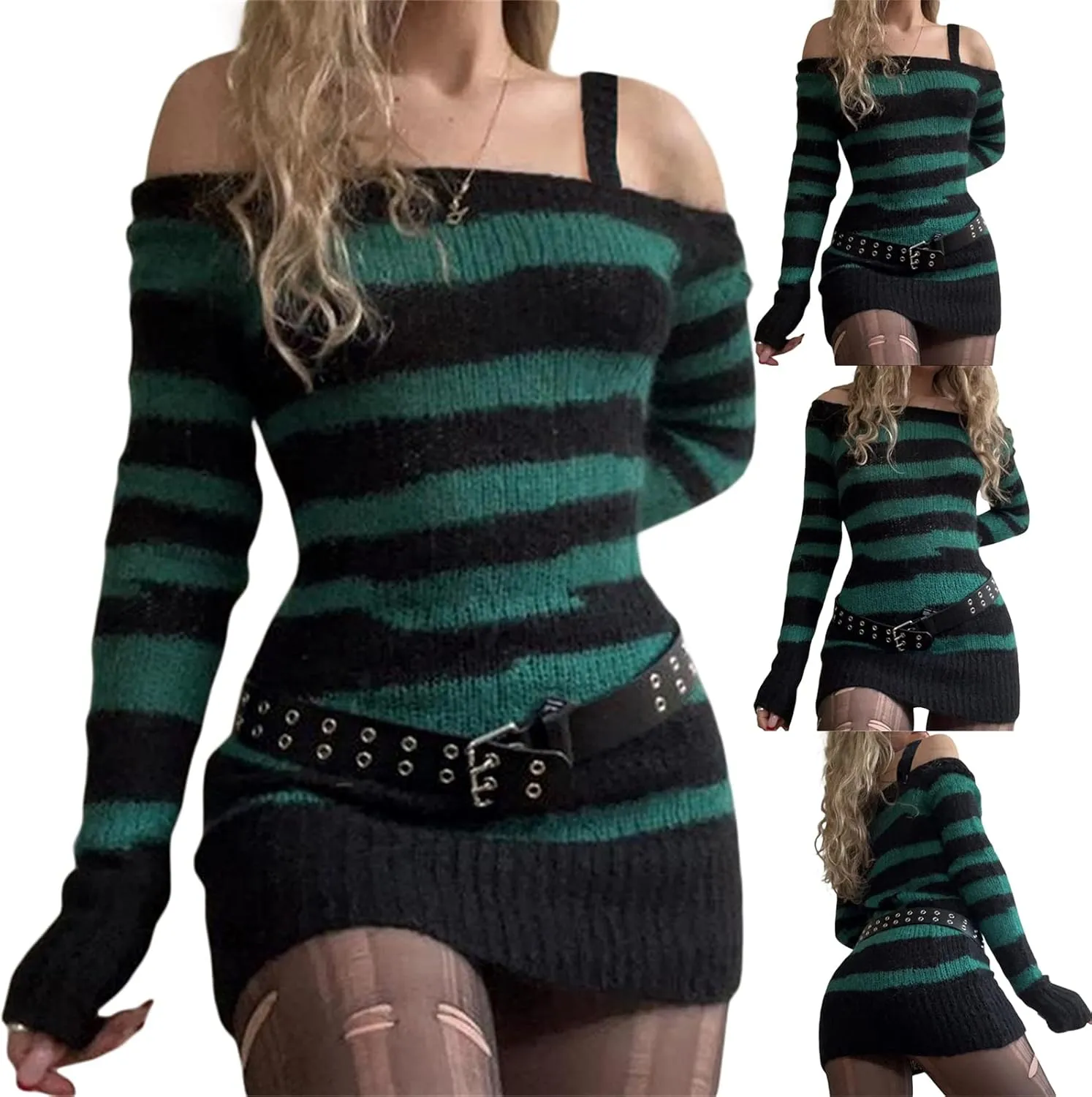 Kimydreama Women Sexy Long Sleeve Bodycon Striped Mini Dress Off Shoulder Slash Neck Knitted Wrapped Short Sweater Dress