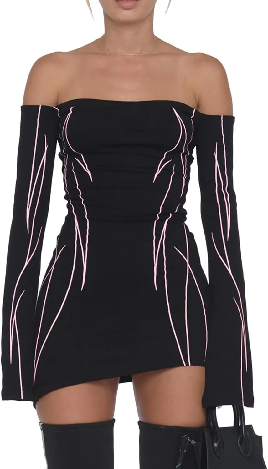 Kimydreama Women Sexy Long Sleeve Bodycon Striped Mini Dress Off Shoulder Slash Neck Knitted Wrapped Short Sweater Dress