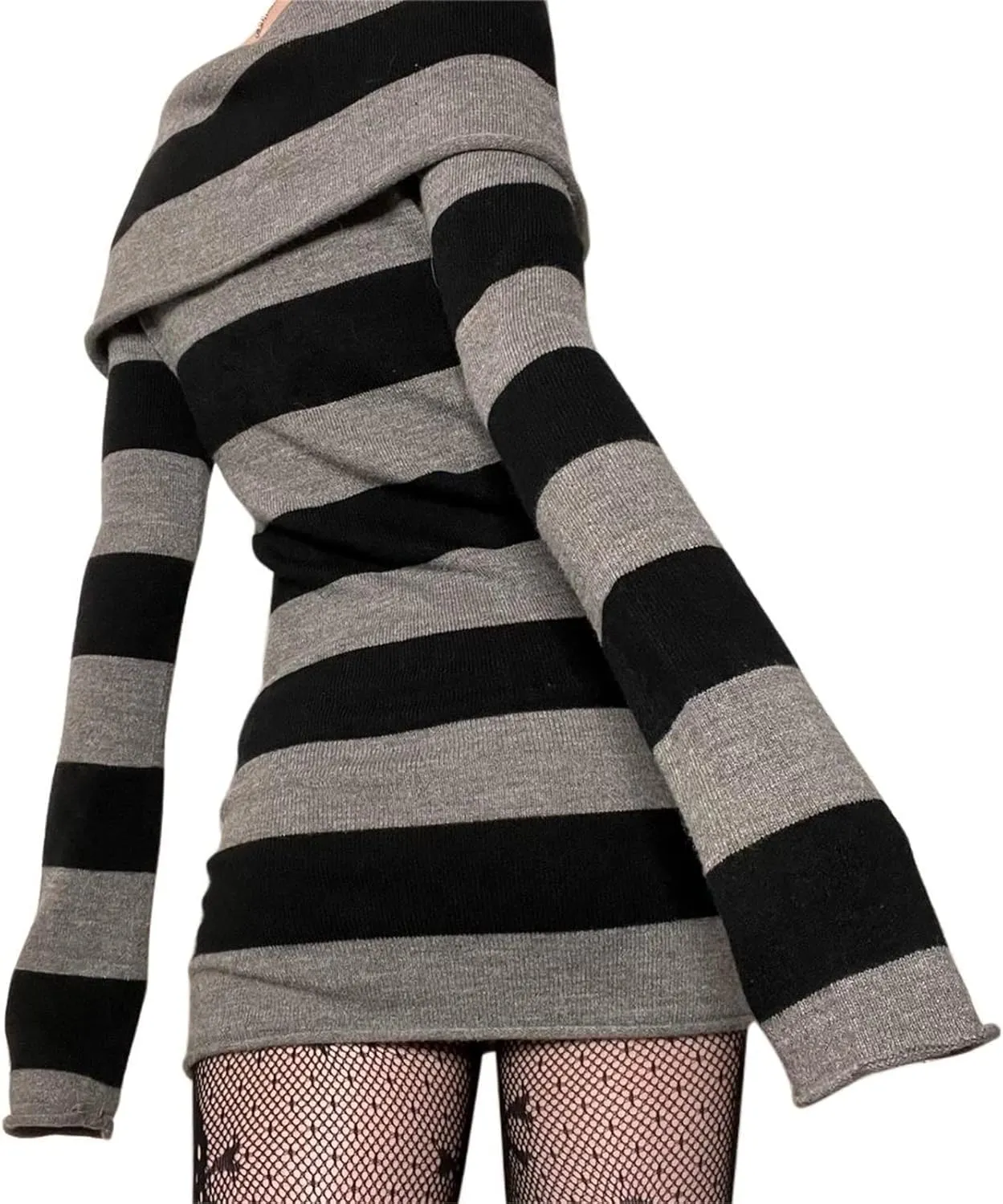 Kimydreama Women Sexy Long Sleeve Bodycon Striped Mini Dress Off Shoulder Slash Neck Knitted Wrapped Short Sweater Dress
