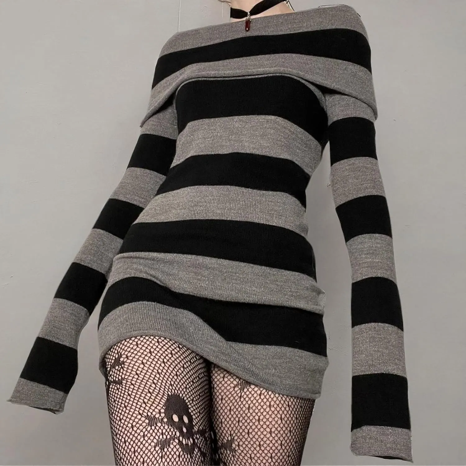 Kimydreama Women Sexy Long Sleeve Bodycon Striped Mini Dress Off Shoulder Slash Neck Knitted Wrapped Short Sweater Dress
