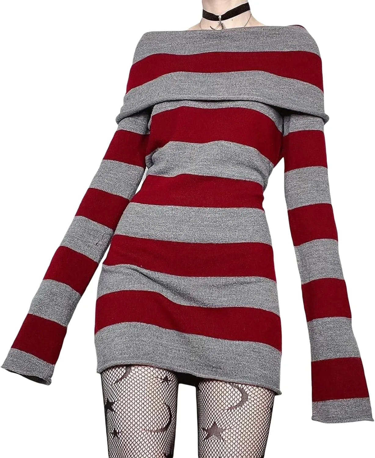 Kimydreama Women Sexy Long Sleeve Bodycon Striped Mini Dress Off Shoulder Slash Neck Knitted Wrapped Short Sweater Dress