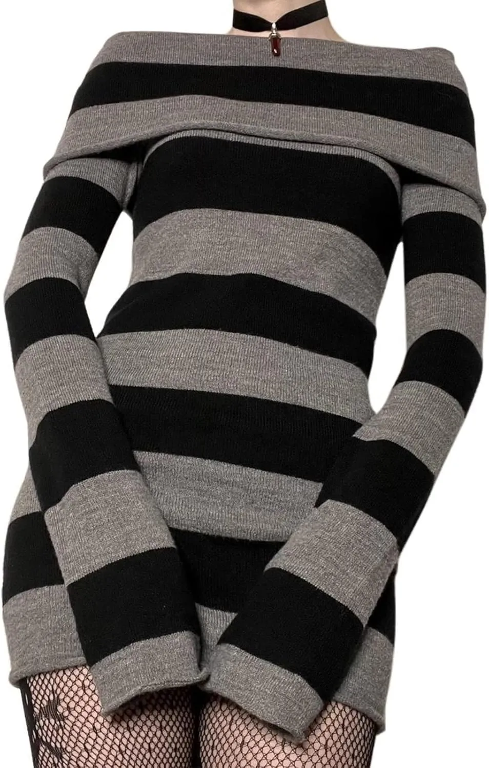 Kimydreama Women Sexy Long Sleeve Bodycon Striped Mini Dress Off Shoulder Slash Neck Knitted Wrapped Short Sweater Dress
