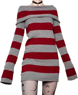 Kimydreama Women Sexy Long Sleeve Bodycon Striped Mini Dress Off Shoulder Slash Neck Knitted Wrapped Short Sweater Dress