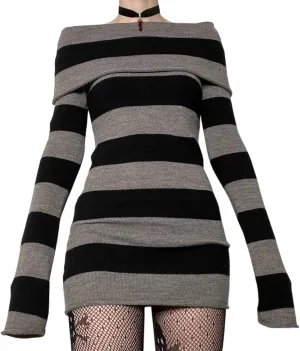 Kimydreama Women Sexy Long Sleeve Bodycon Striped Mini Dress Off Shoulder Slash Neck Knitted Wrapped Short Sweater Dress