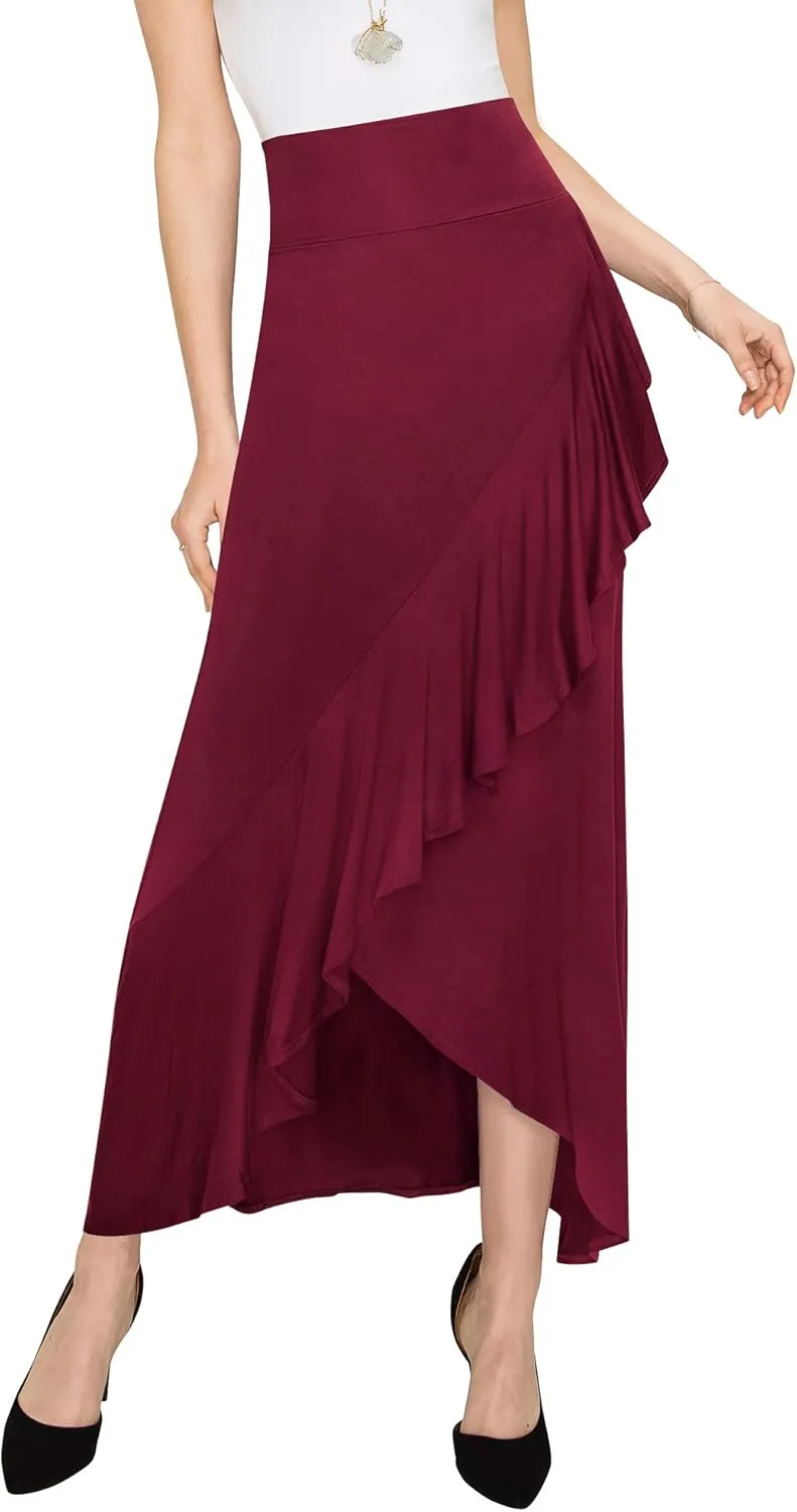 LL Womens Wrapped High Low Ruffle Maxi Skirt - Made in USA