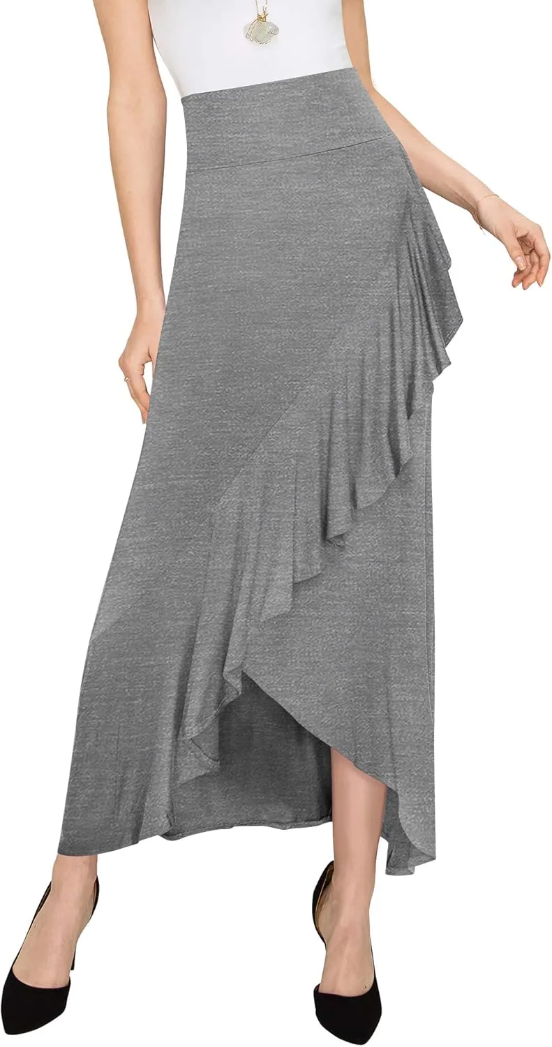 LL Womens Wrapped High Low Ruffle Maxi Skirt - Made in USA
