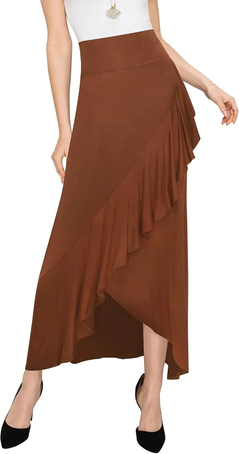 LL Womens Wrapped High Low Ruffle Maxi Skirt - Made in USA