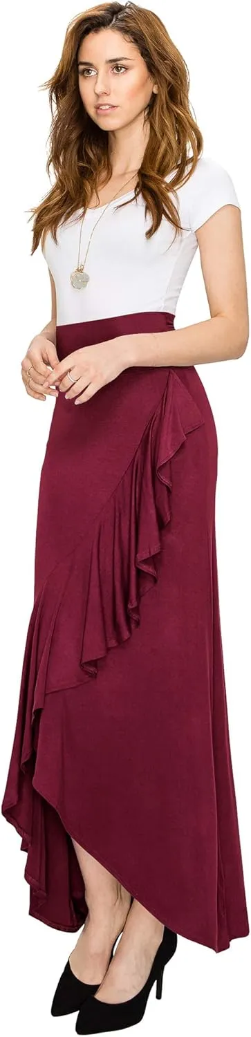 LL Womens Wrapped High Low Ruffle Maxi Skirt - Made in USA