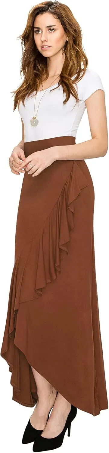 LL Womens Wrapped High Low Ruffle Maxi Skirt - Made in USA