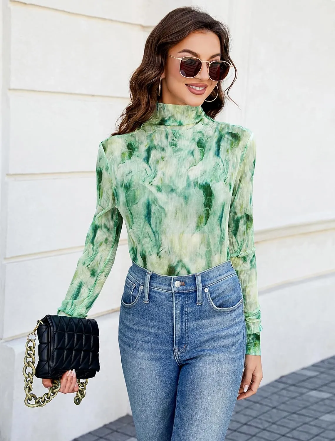 LONGBIDA Womens Long Sleeve Mock Neck Print Sexy Sheer Mesh See Through Tops Shirts