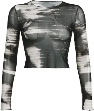 LONGBIDA Womens Long Sleeve Mock Neck Print Sexy Sheer Mesh See Through Tops Shirts