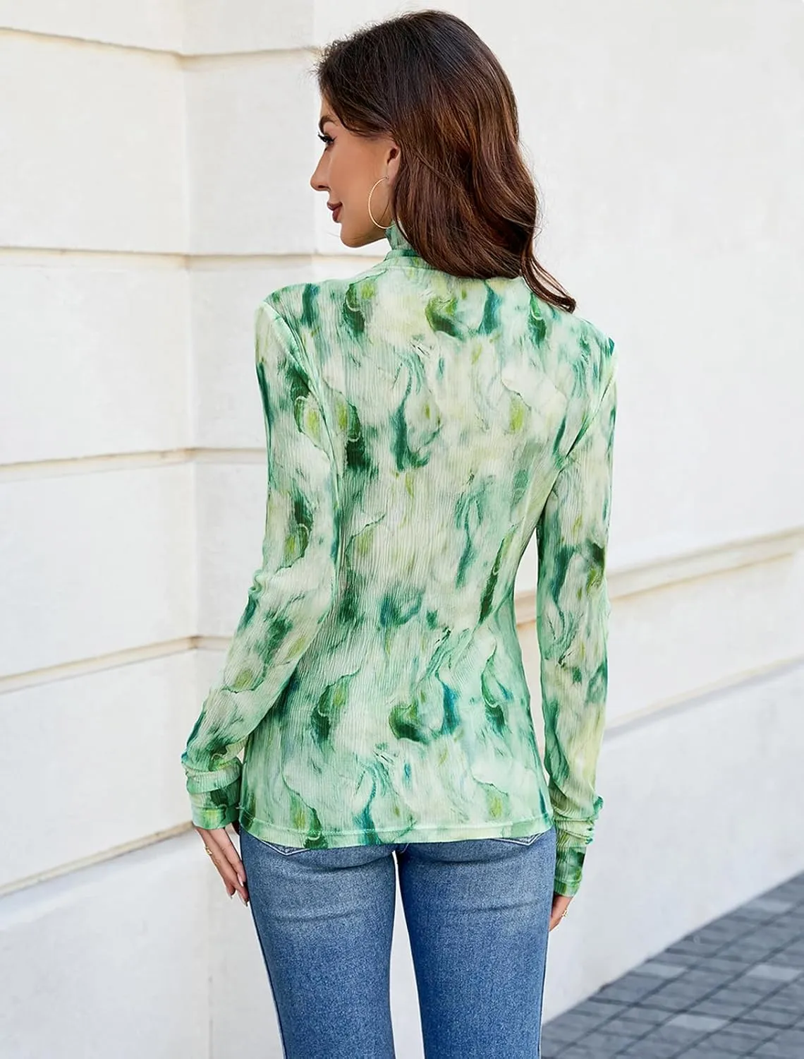 LONGBIDA Womens Long Sleeve Mock Neck Print Sexy Sheer Mesh See Through Tops Shirts