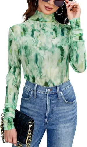 LONGBIDA Womens Long Sleeve Mock Neck Print Sexy Sheer Mesh See Through Tops Shirts