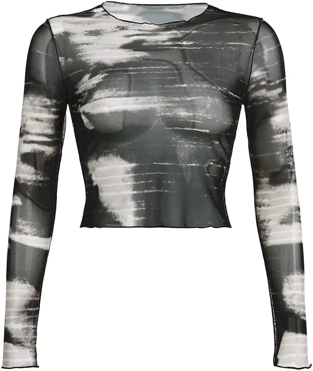 LONGBIDA Womens Long Sleeve Mock Neck Print Sexy Sheer Mesh See Through Tops Shirts