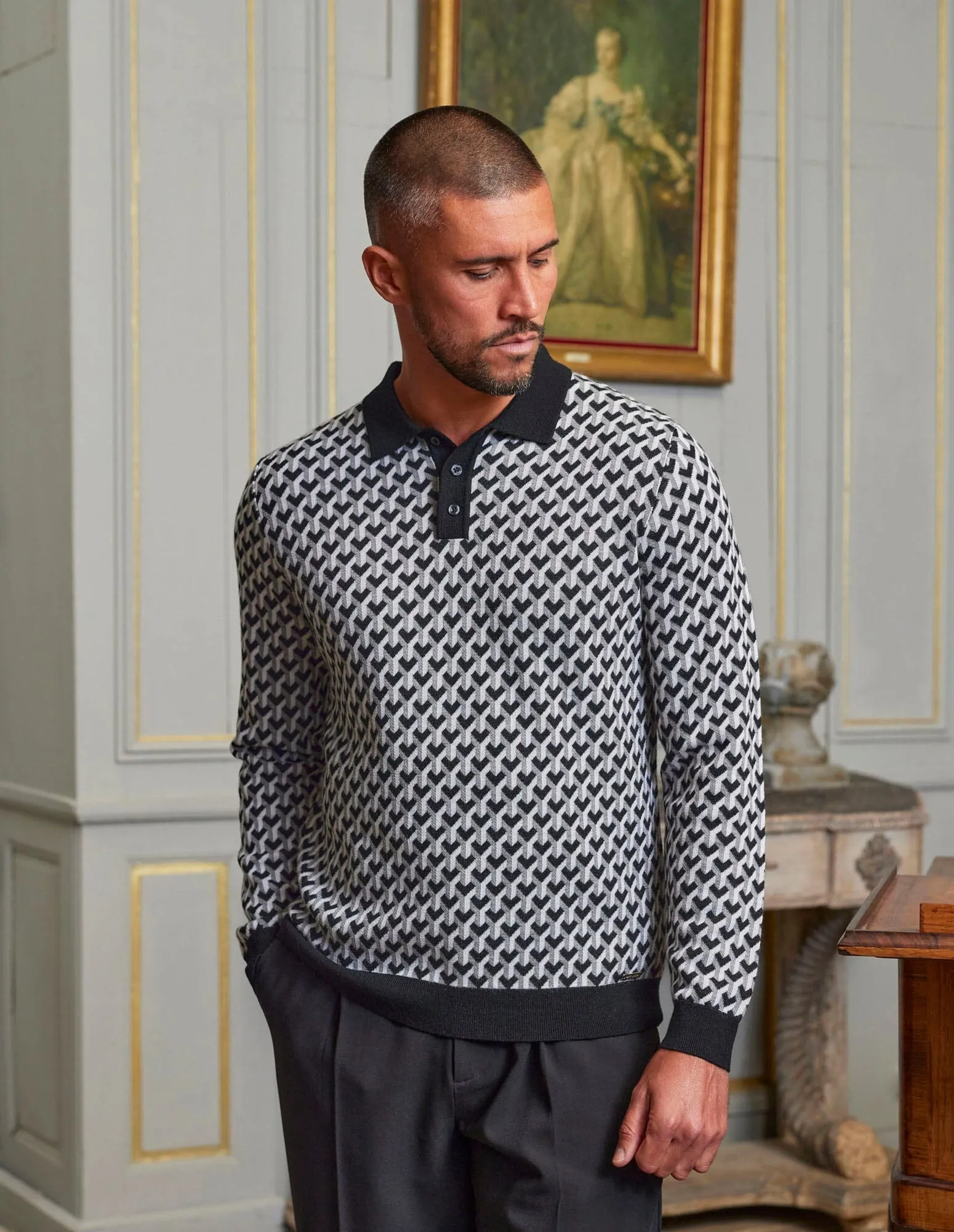 L/S Monochrome Illusion Knit Print Polo
