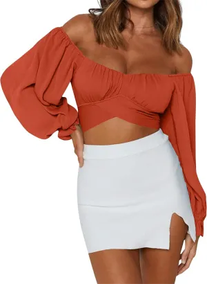 LYANER Women's Cute Off Shoulder Long Sleeve Self Tie Knot Crop Tube Top Blouse
