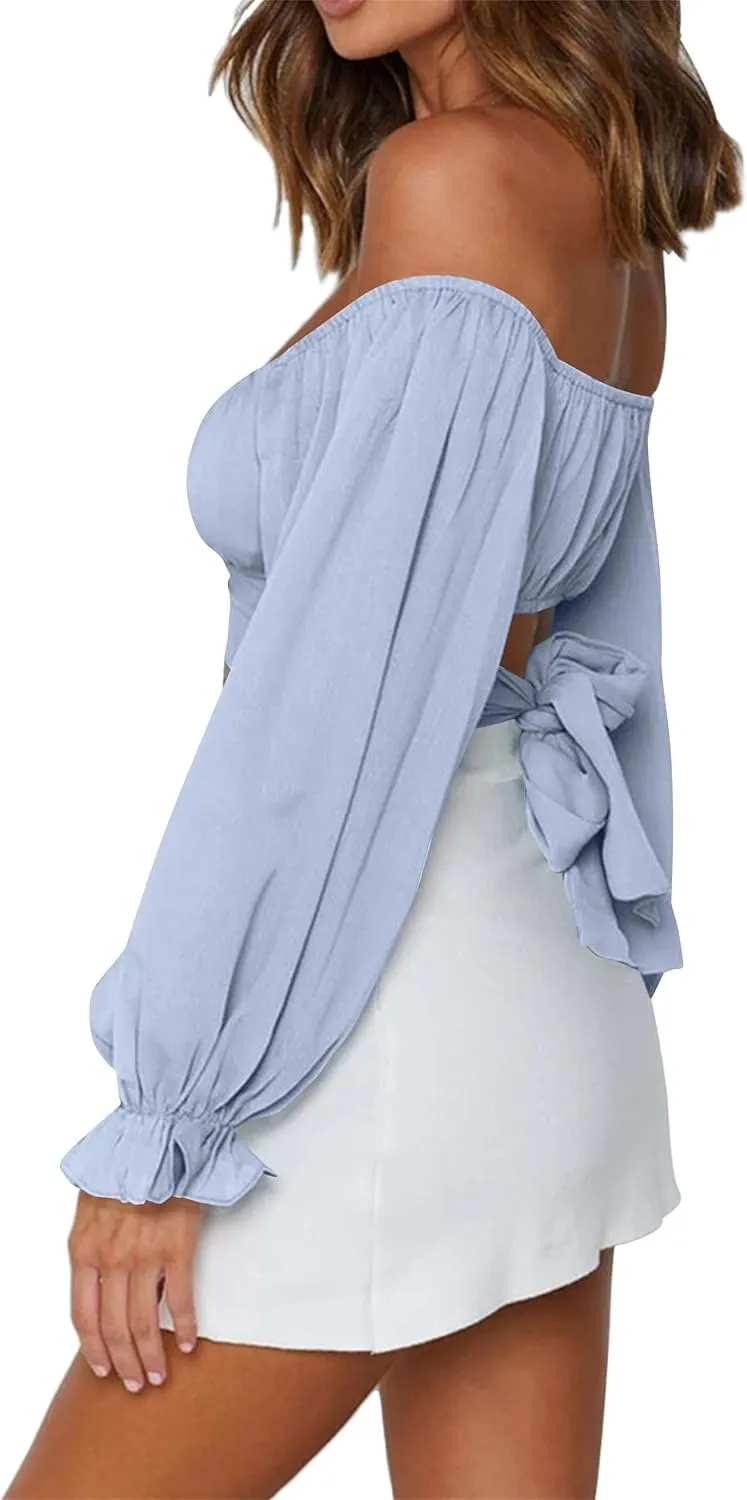 LYANER Women's Cute Off Shoulder Long Sleeve Self Tie Knot Crop Tube Top Blouse