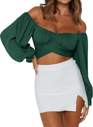 LYANER Women's Cute Off Shoulder Long Sleeve Self Tie Knot Crop Tube Top Blouse
