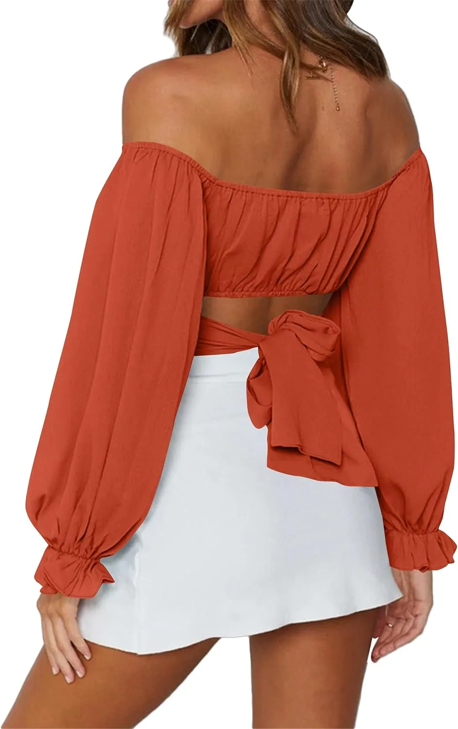 LYANER Women's Cute Off Shoulder Long Sleeve Self Tie Knot Crop Tube Top Blouse