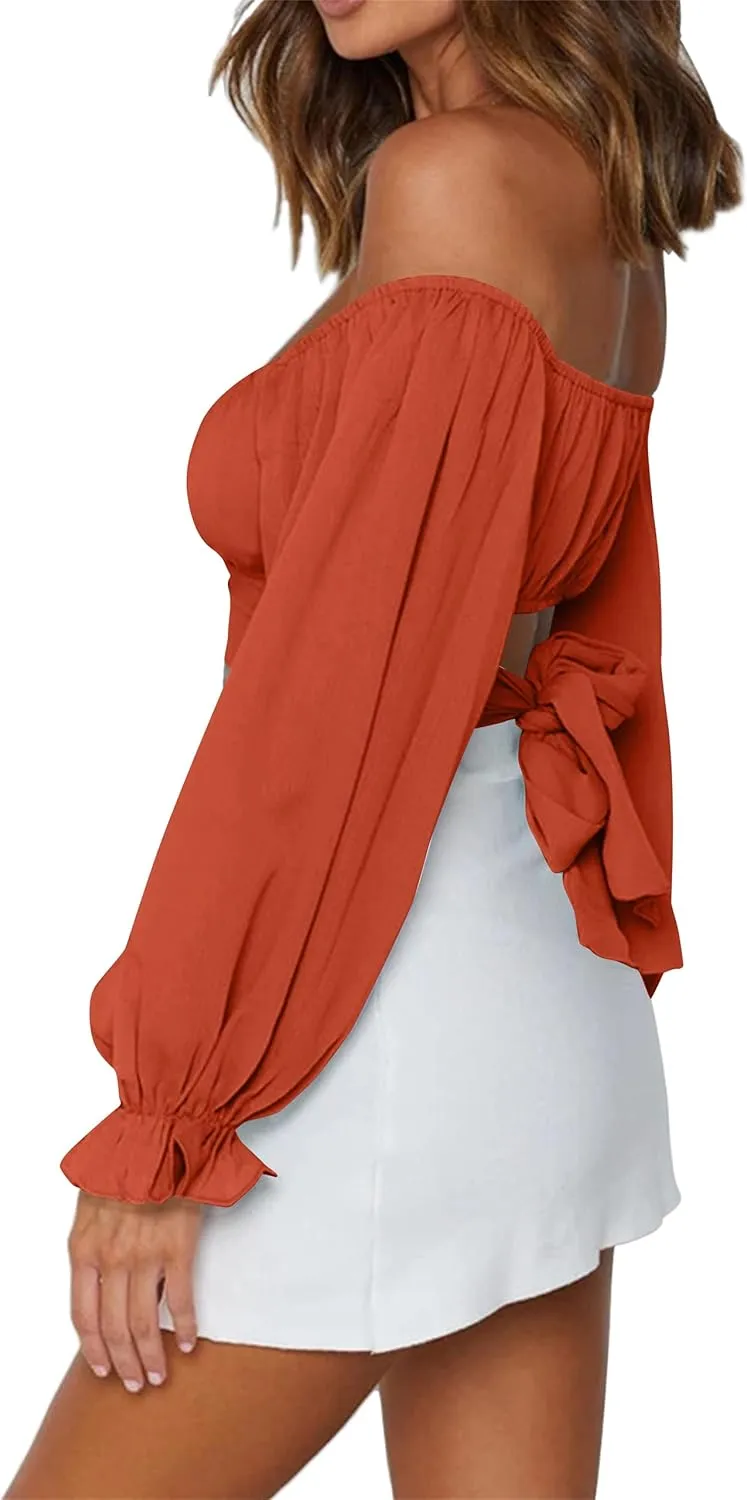 LYANER Women's Cute Off Shoulder Long Sleeve Self Tie Knot Crop Tube Top Blouse
