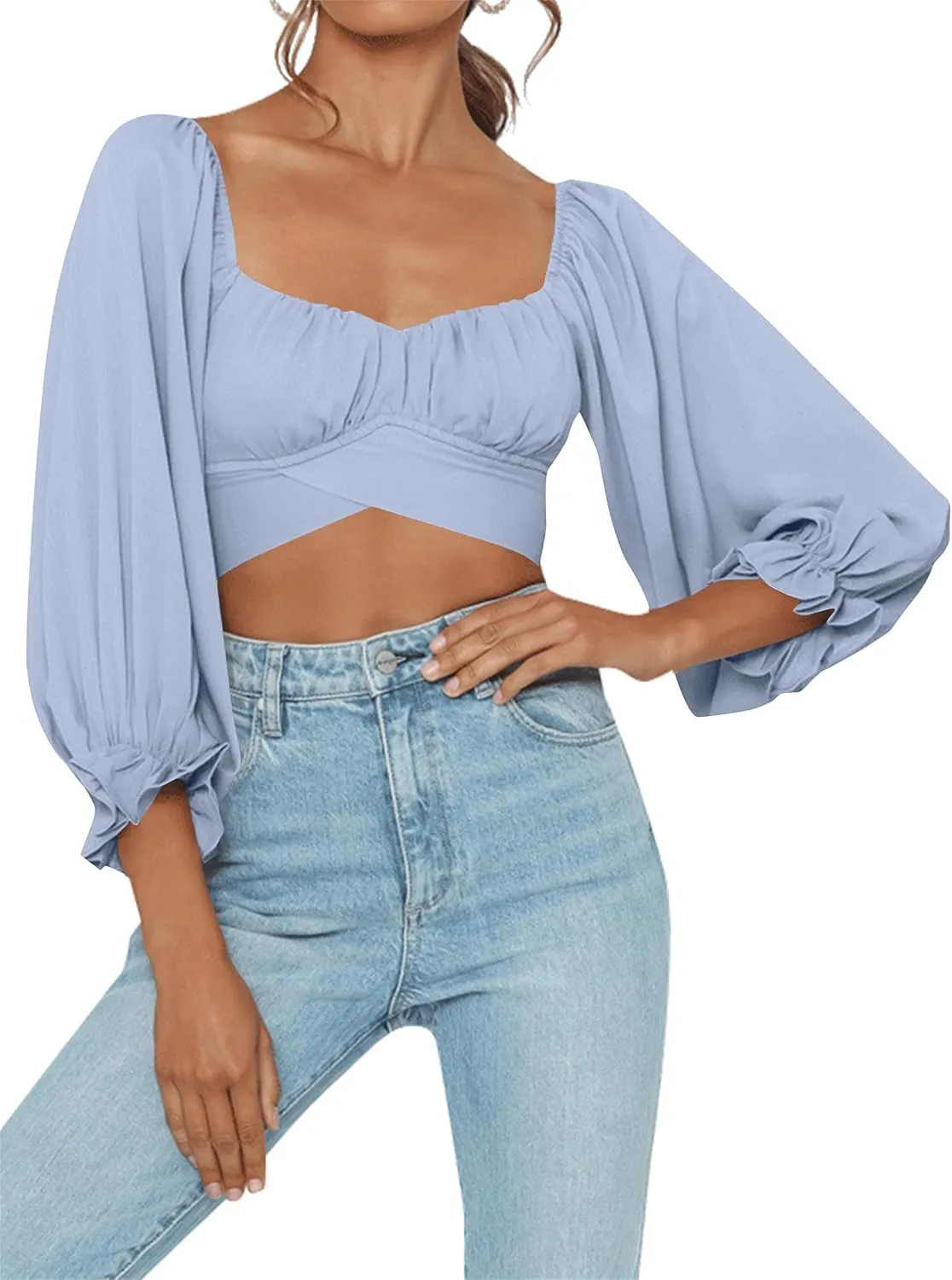 LYANER Women's Cute Off Shoulder Long Sleeve Self Tie Knot Crop Tube Top Blouse