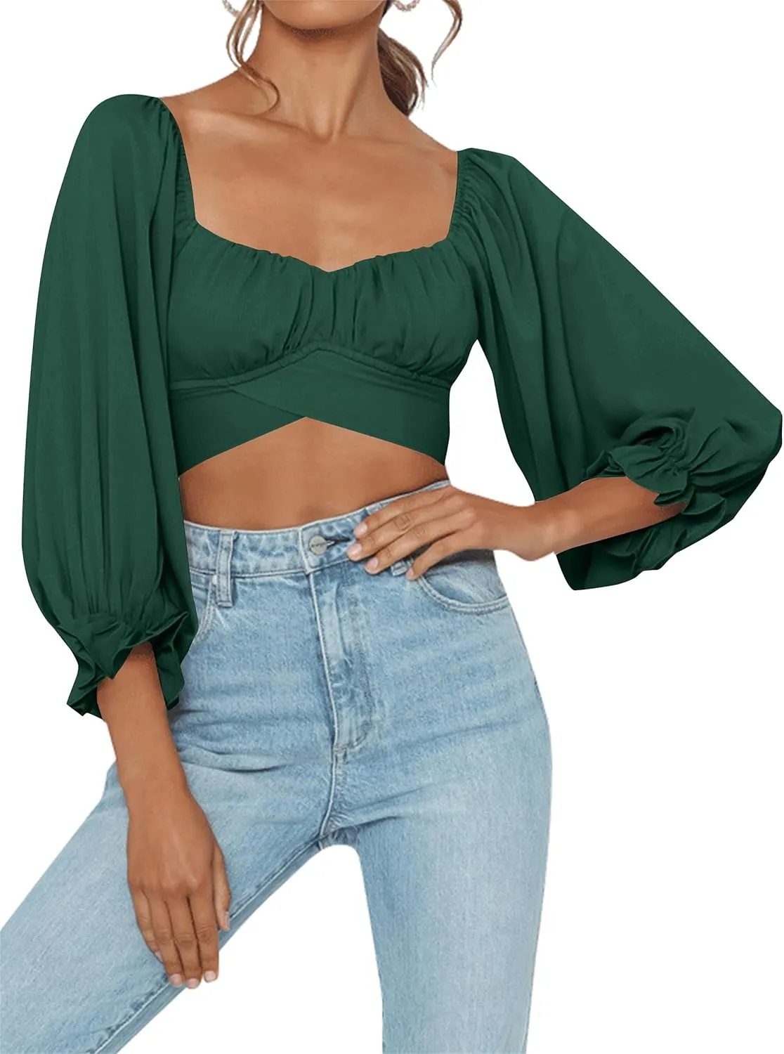 LYANER Women's Cute Off Shoulder Long Sleeve Self Tie Knot Crop Tube Top Blouse