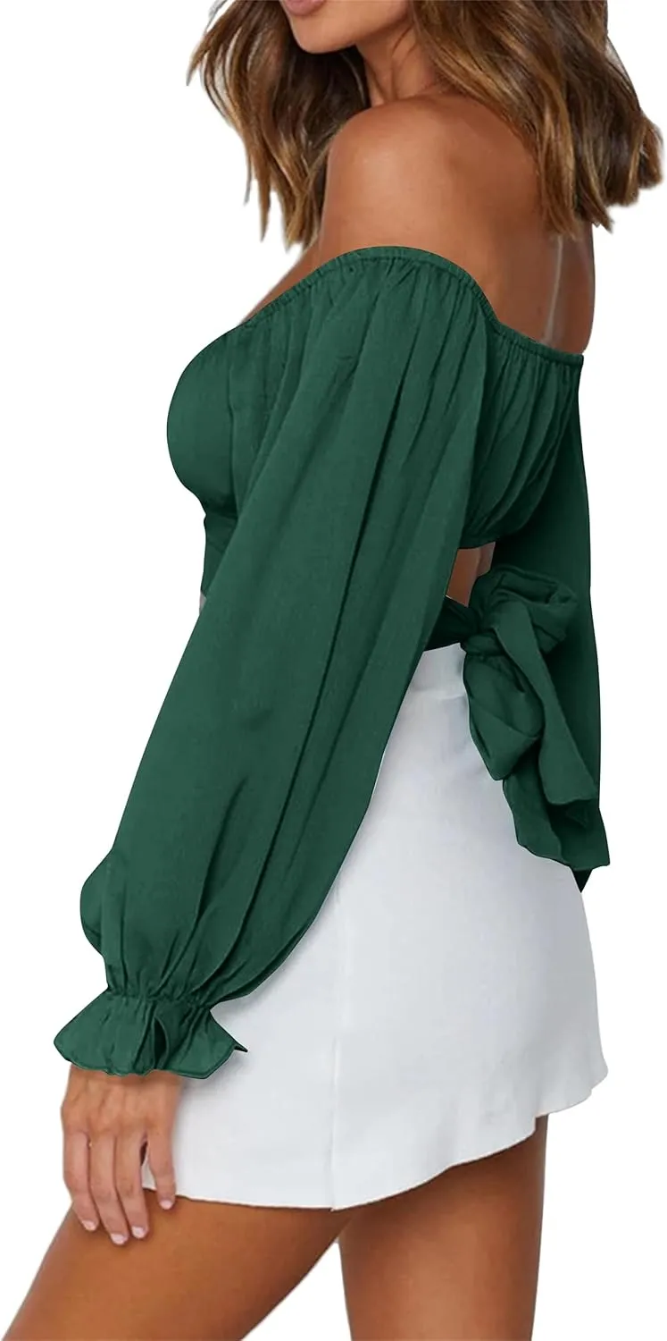LYANER Women's Cute Off Shoulder Long Sleeve Self Tie Knot Crop Tube Top Blouse
